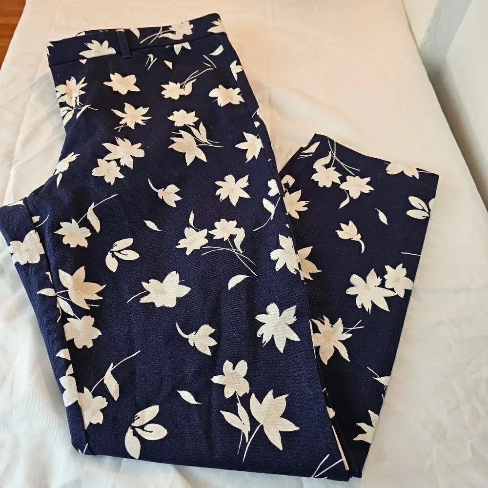 Gap Signature Skinny Ankle Pants Navy Blue White Floral Lily Print Size 12